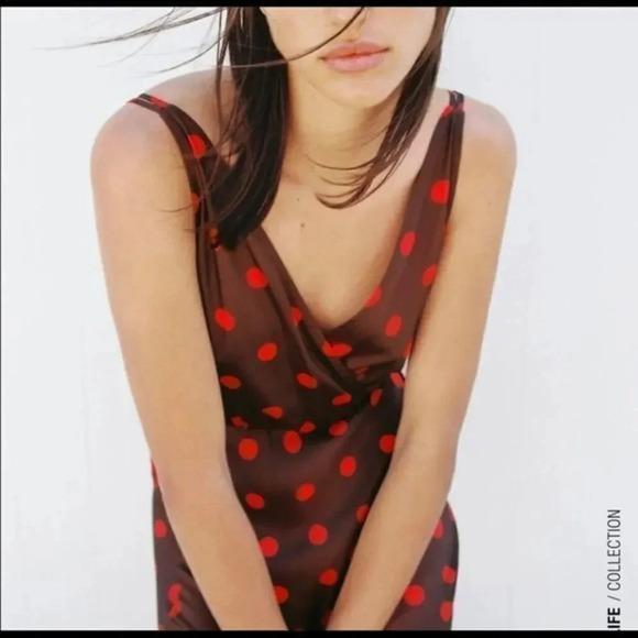 Zara  Polka Dot Dress Brown Red sleeveless dress - Picture 5 of 8